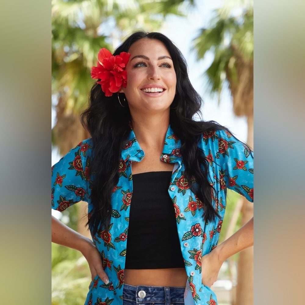 Dixxon Stay Gold Party Shirt Medium women’s Hawaiian blue red floral button up - Picture 2 of 12